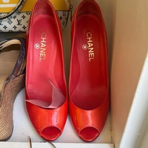 CHANEL Red Patent Leather Peep-Toe Heels